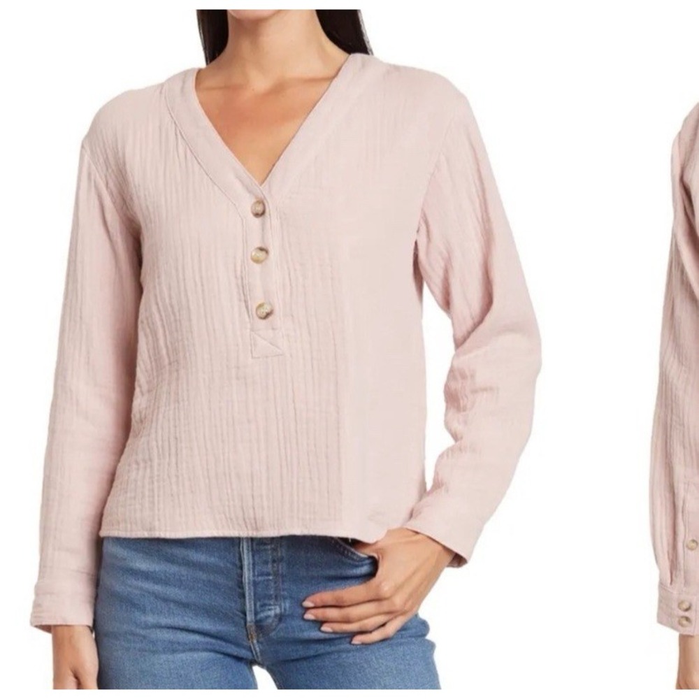 Madewell Lightspun Evert Top Womens Small LS V-Neck Cotton in Wisteria Dove Pink